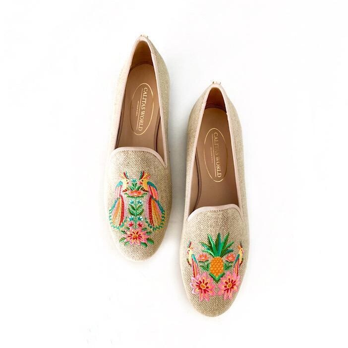 Calita Shoes ​LOAFERS NATURAL LINEN TROPICAL BIRDS