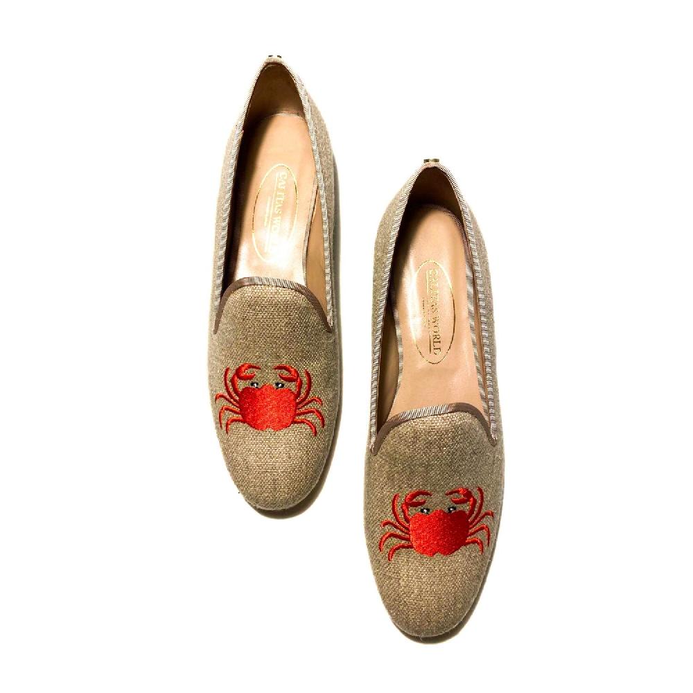 Calita Shoes ​LOAFERS NATURAL LINEN WITH RED CRABS