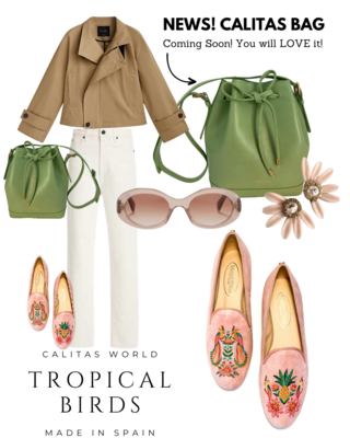 Calita Shoes LOAFERS PINK SUEDE TROPICAL BIRDS