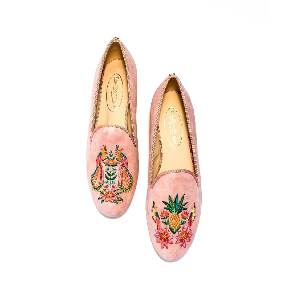 Calita Shoes LOAFERS PINK SUEDE TROPICAL BIRDS
