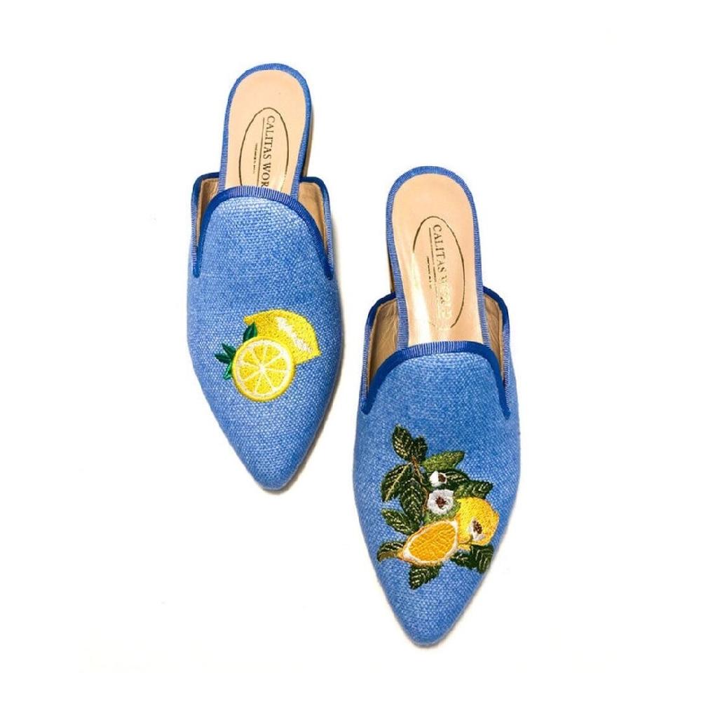 Calita Shoes ​MULES BLUE 22ACO LINEN LEMON TREE