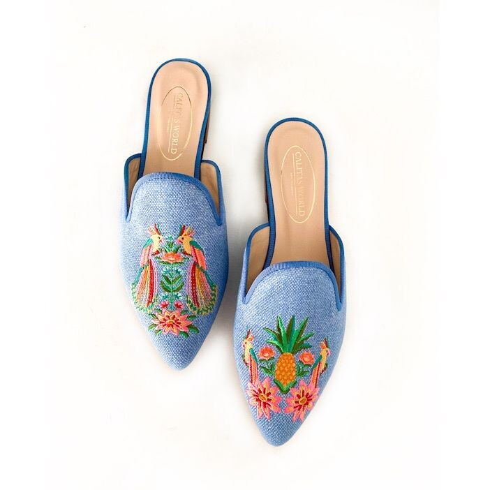 Calita Shoes ​MULES BLUE 22ACO LINEN TROPICAL BIRDS
