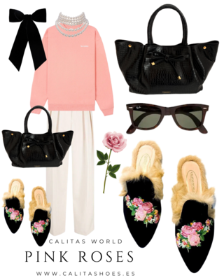 Calita Shoes ​MULES FUR BLACK VELVET PINK ROSES