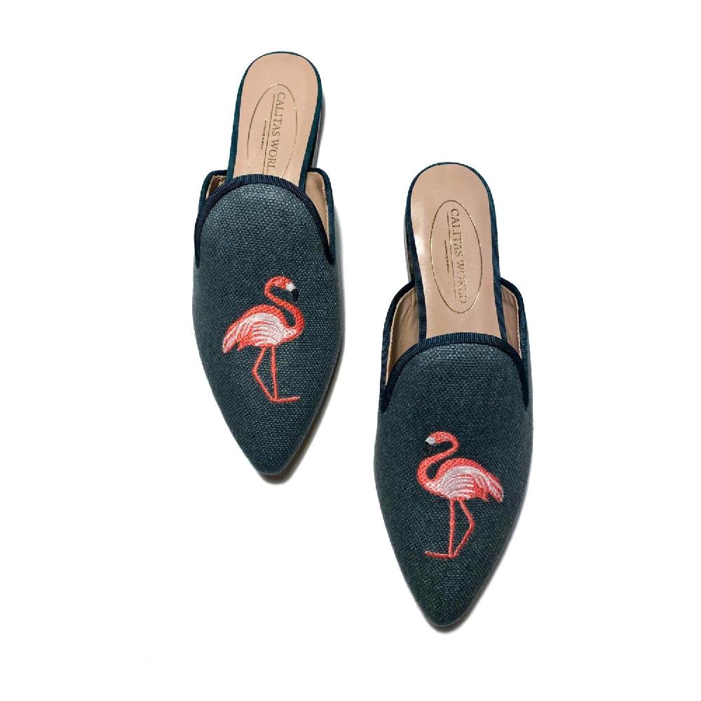 Calita Shoes ​MULES GREEN 13ACO LINEN FLAMINGOS
