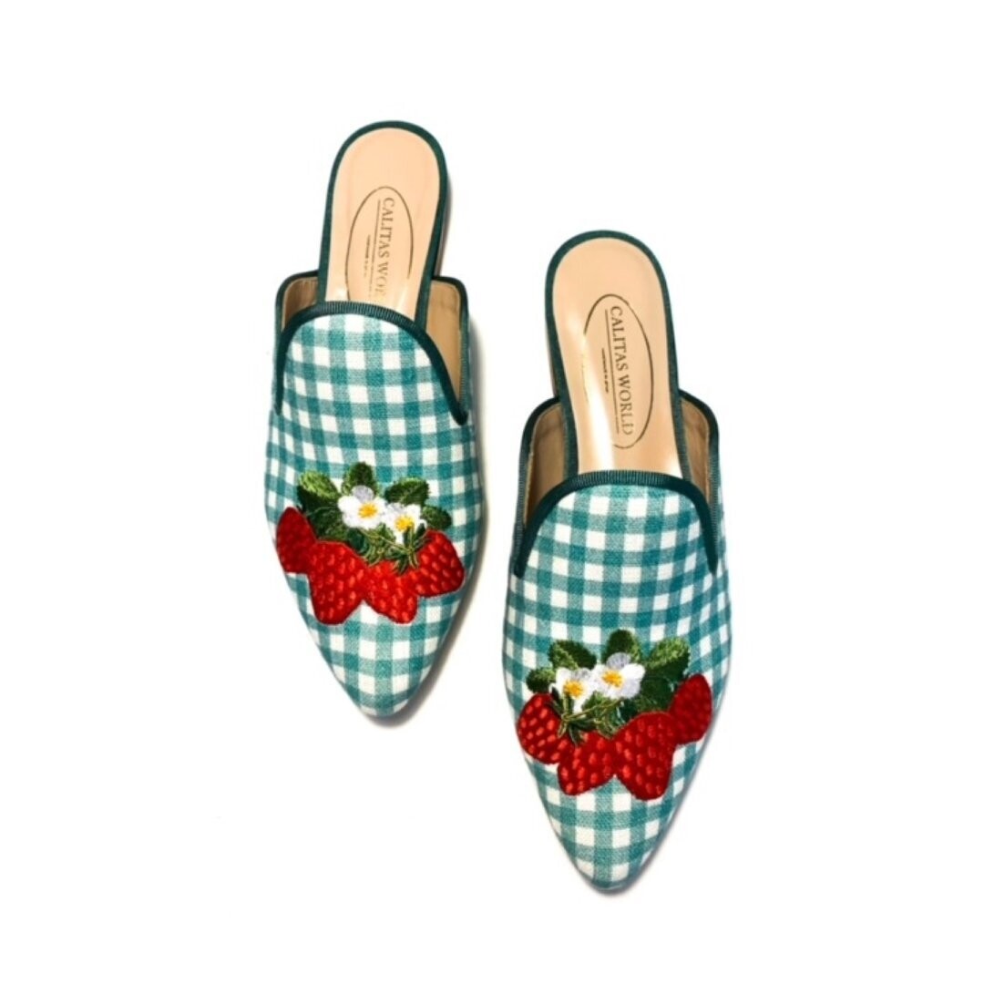 Calita Shoes ​MULES GREEN VICHY LINEN STRAWBERRY