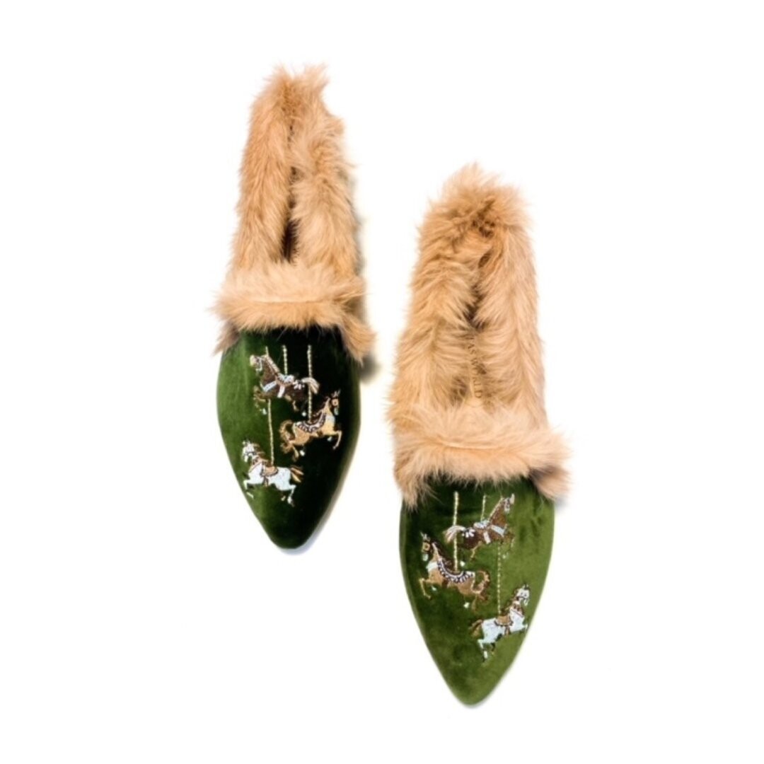 Calita Shoes ​POINTY FUR GREEN 7ACO VELVET CAROUSEL