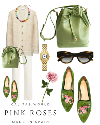 Calita Shoes ​POINTY GREEN 7ACO VELVET PINK ROSES