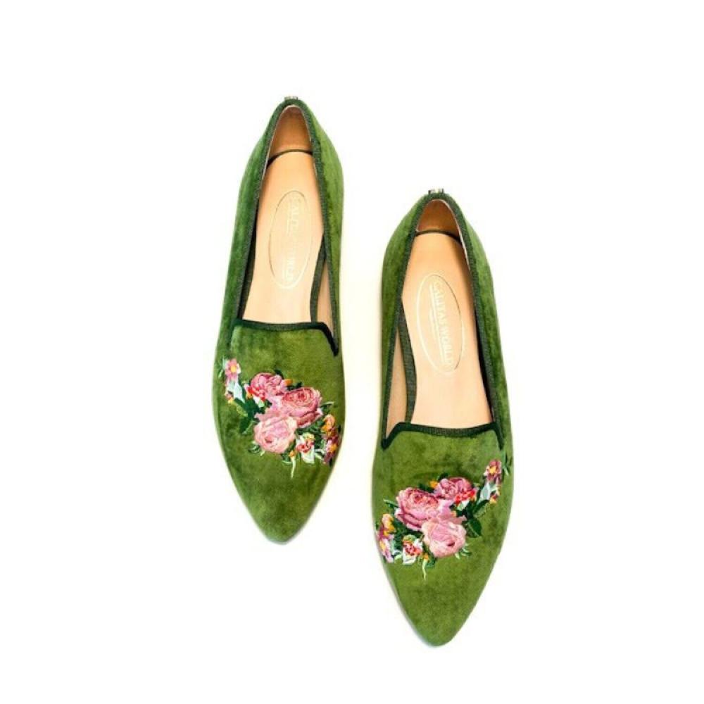 Calita Shoes ​POINTY GREEN 7ACO VELVET PINK ROSES