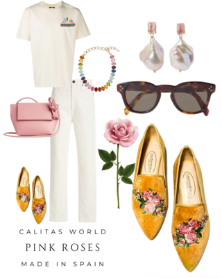 Calita Shoes ​POINTY MUSTARD VELVET PINK ROSES