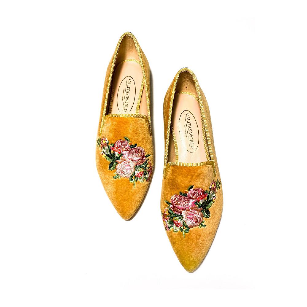 Calita Shoes ​POINTY MUSTARD VELVET PINK ROSES