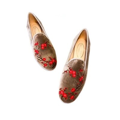 Calita Shoes ​LOAFERS BEIGE 5ACO VELVET PLUM BLOSSOM FLOWER