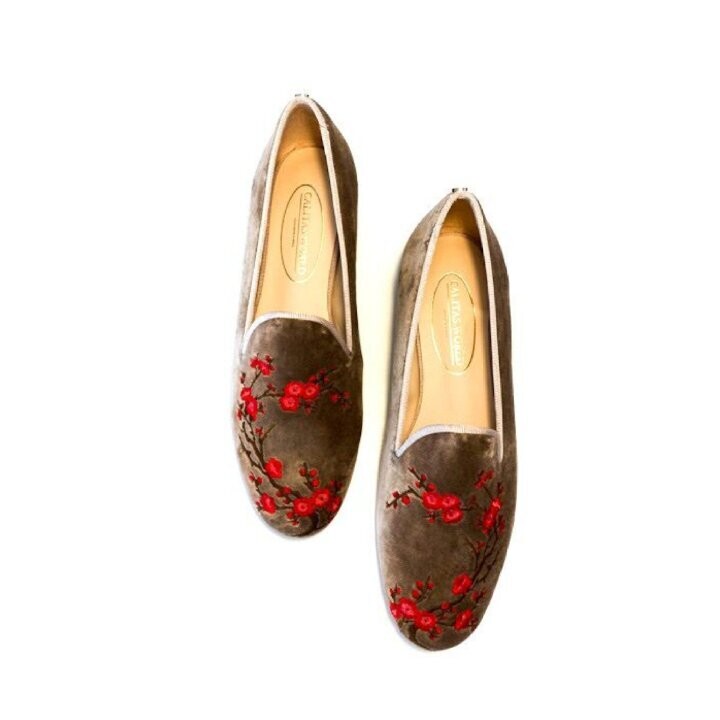 Calita Shoes ​LOAFERS BEIGE 5ACO VELVET PLUM BLOSSOM FLOWER