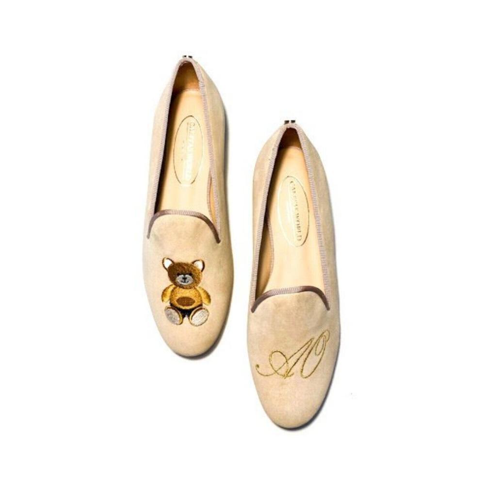 Calita Shoes ​LOAFERS BEIGE SUEDE TEDDY BEAR AND GOLDEN INITIALS