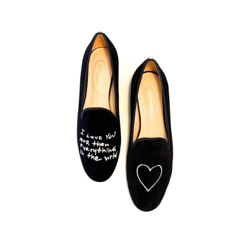 Calita Shoes LOAFERS BLACK VELVET CALITAS HANDWRITING