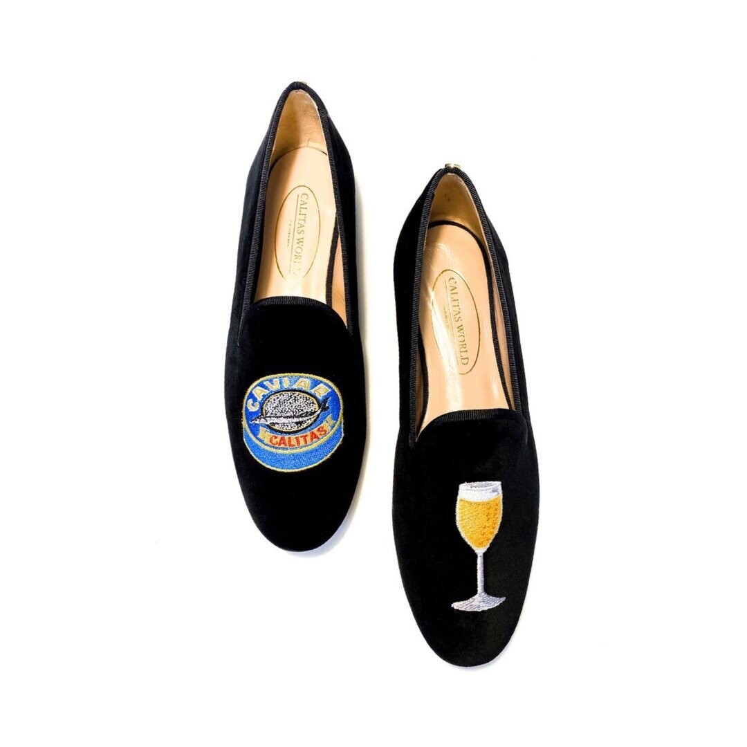 Calita Shoes ​LOAFERS BLACK VELVET CAVIAR AND CHAMPAGNE GLASS