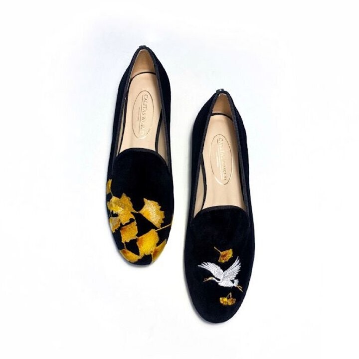 Calita Shoes ​LOAFERS BLACK VELVET GINKGO BILOBA AND JAPANESE CRANE