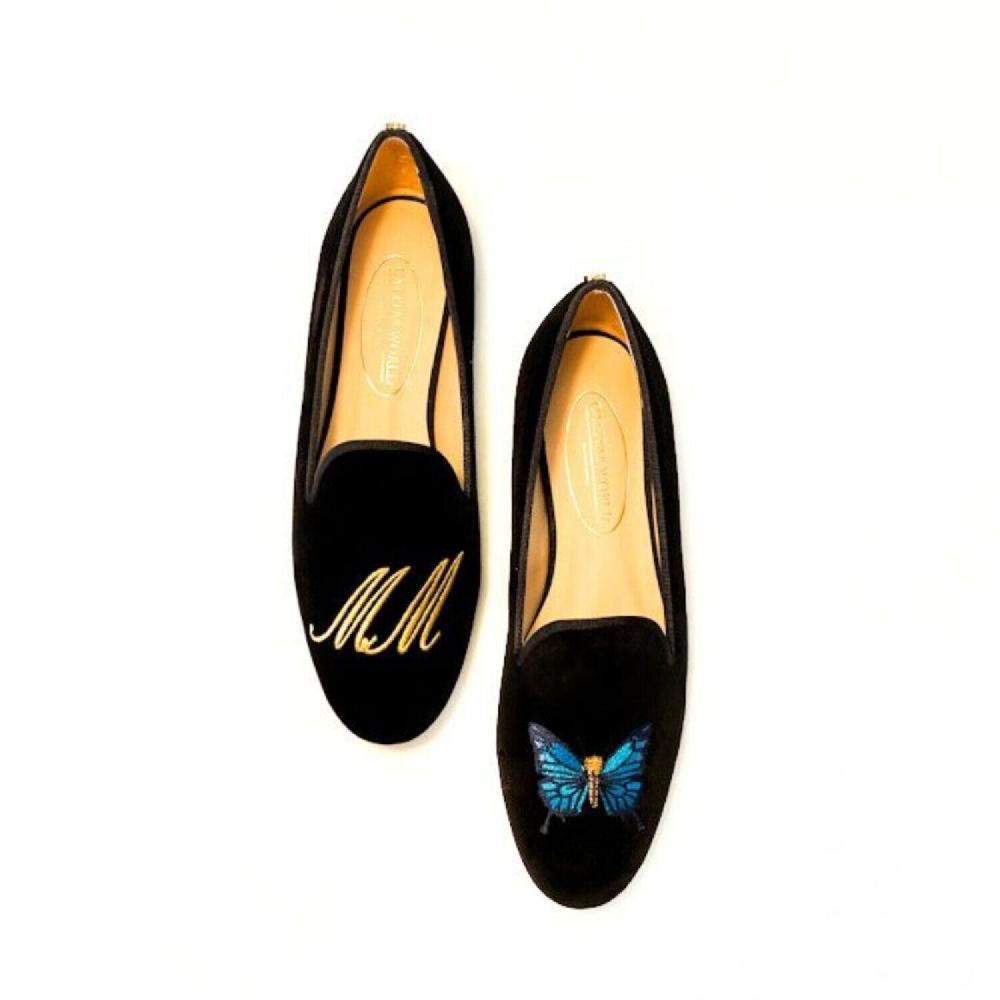 Calita Shoes LOAFERS BLACK VELVET GOLDEN INITIALS AND BUTTERFLY