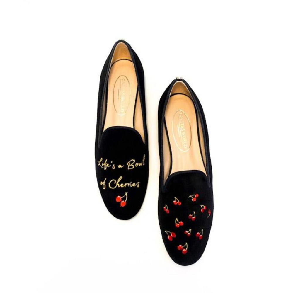 Calita Shoes LOAFERS BLACK VELVET LIFE'S A BOWL OF CHERRIES. (MINI CHERRY LEFT HEEL)