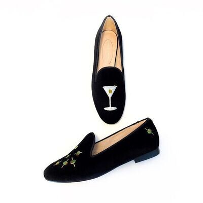 Calita Shoes ​LOAFERS BLACK VELVET MARTINI AND OLIVES. (MINI OLIVE LEFT HEEL)