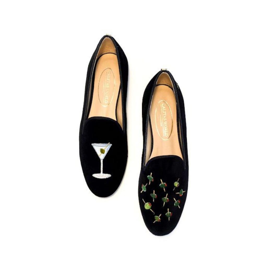 Calita Shoes ​LOAFERS BLACK VELVET MARTINI AND OLIVES. (MINI OLIVE LEFT HEEL)