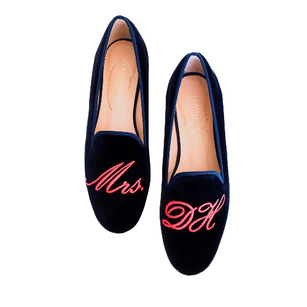 Calita Shoes ​LOAFERS BLACK VELVET MRS. AND INITIALS (NEON PINK)