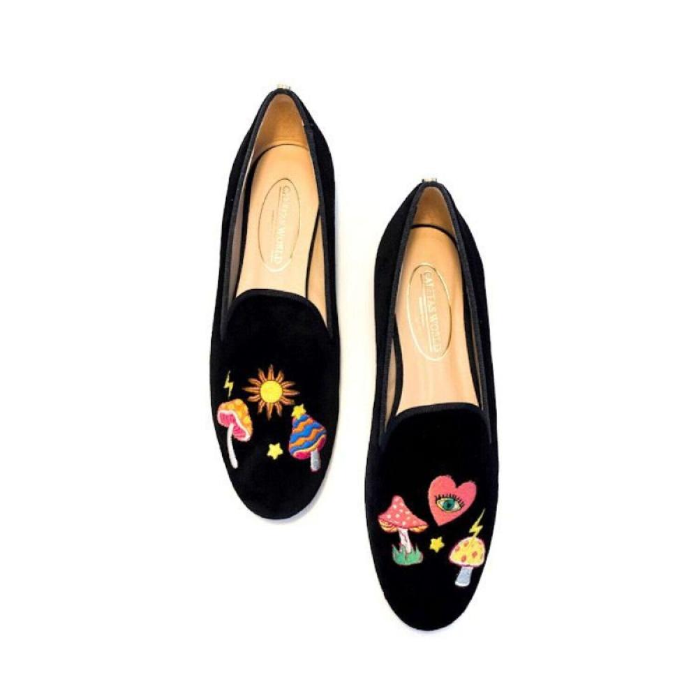 Calita Shoes ​LOAFERS BLACK VELVET MUSHROOMS AND FRIENDS