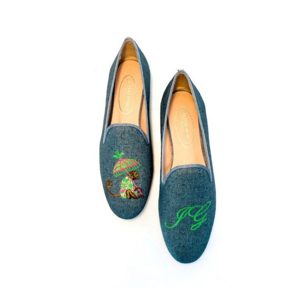 Calita Shoes ​LOAFERS BLUE GOBELIN 790PV LINEN MONKEY WITH UMBRELLA AND INITIALS
