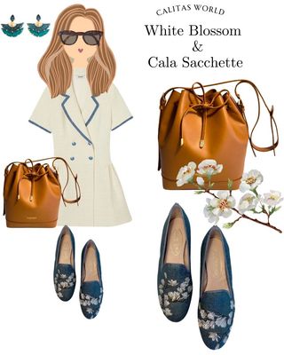 Calita Shoes ​LOAFERS BLUE GOBELIN LINEN PO R173 WHITE BLOSSOM