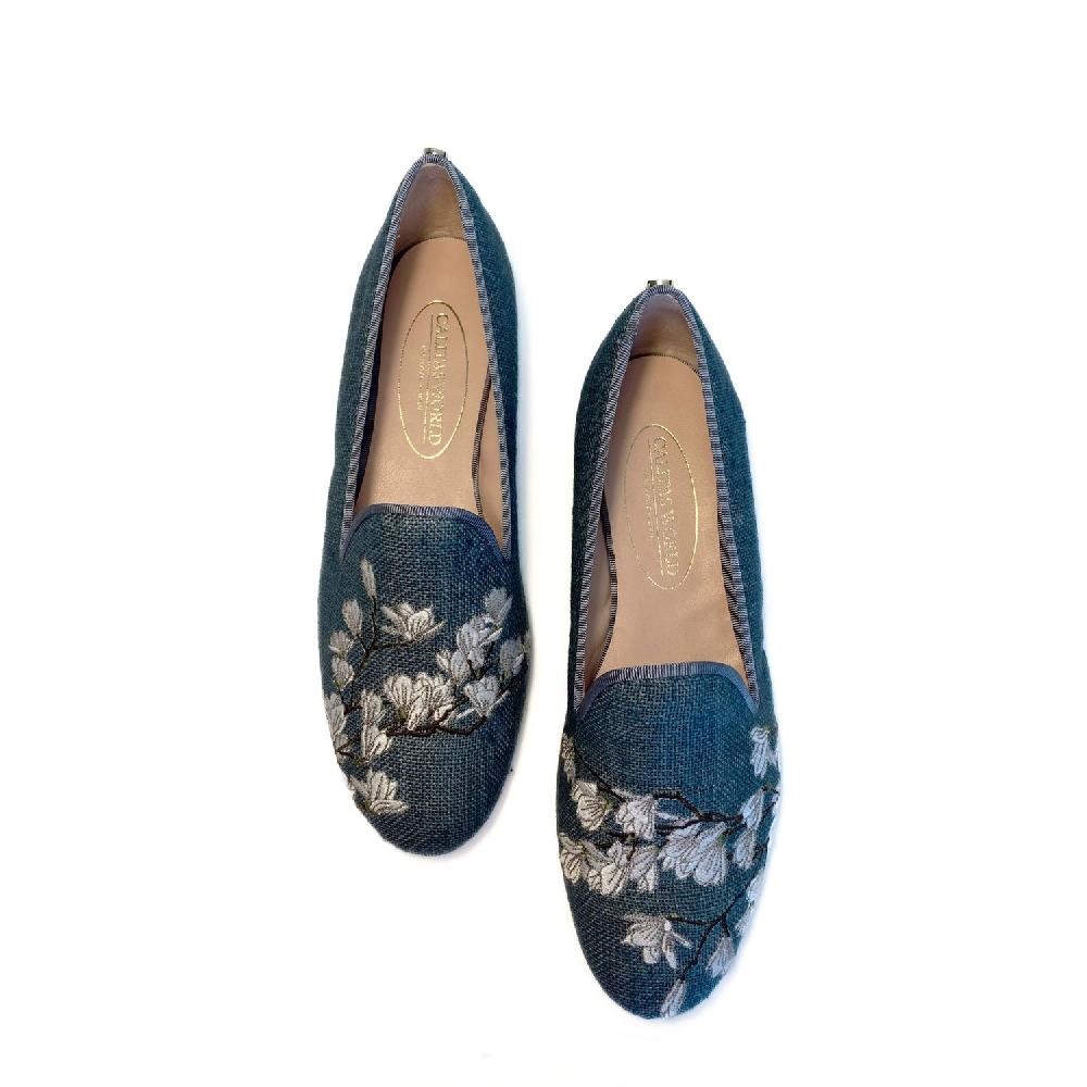 Calita Shoes ​LOAFERS BLUE GOBELIN LINEN PO R173 WHITE BLOSSOM