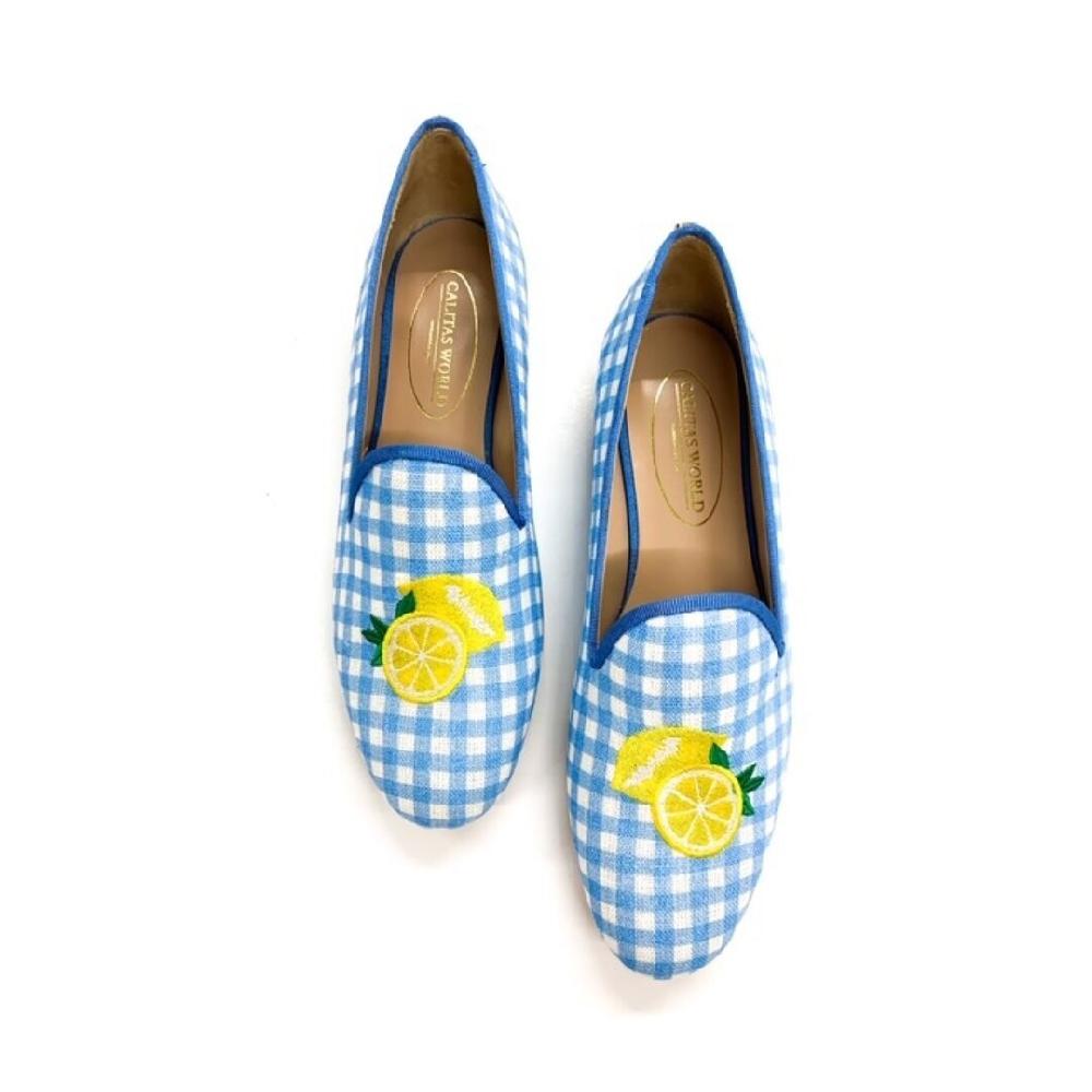 Calita Shoes ​LOAFERS BLUE VICHY CM LINEN WITH LEMONS