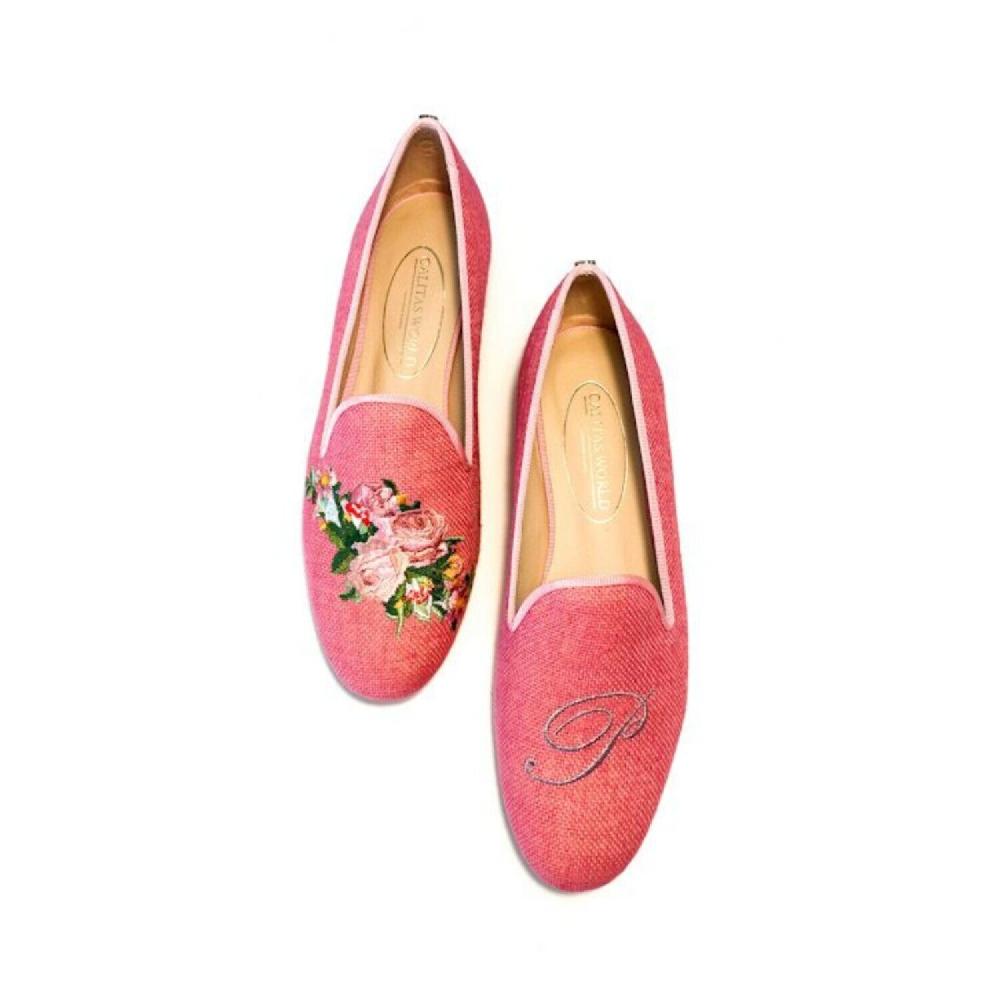 Calita Shoes ​LOAFERS BUBBLEGUM LINEN PINK ROSES AND PINK INITIALS