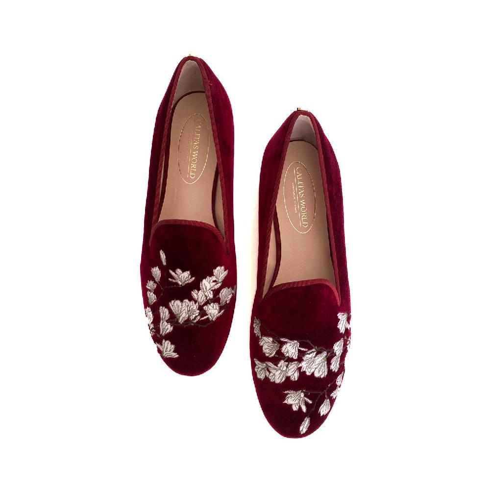 Calita Shoes ​LOAFERS BURGUNDY VELVET CO R48 WHITE BLOSSOM
