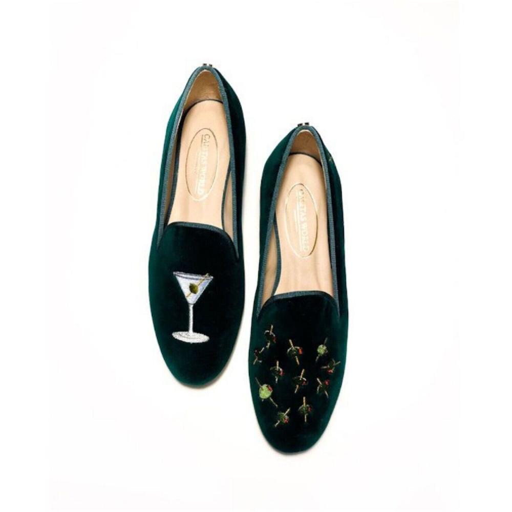 Calita Shoes ​LOAFERS DARK GREEN 12TX VELVET MARTINI AND OLIVES. (MINI OLIVE LEFT HEEL)
