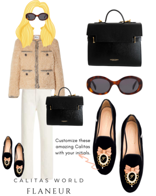 Calita Shoes ​LOAFERS FLANEUR BLACK VELVET GOLDEN INITIALS INSIDE MEDALLION