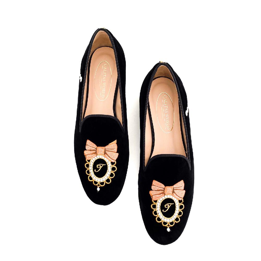 Calita Shoes ​LOAFERS FLANEUR BLACK VELVET GOLDEN INITIALS INSIDE MEDALLION