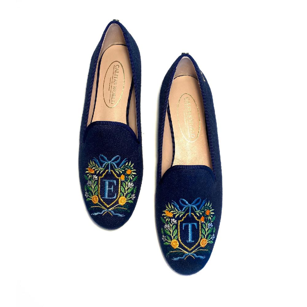 Calita Shoes ​LOAFERS FLORAL/ORANGES CREST MONOGRAM (2 DIFFERENT INITIALS) NAVY LINEN R22