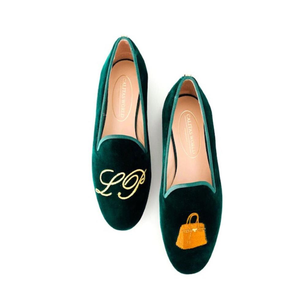 Calita Shoes LOAFERS GREEN 12TX VELVET GOLDEN INITIALS AND BIRKIN