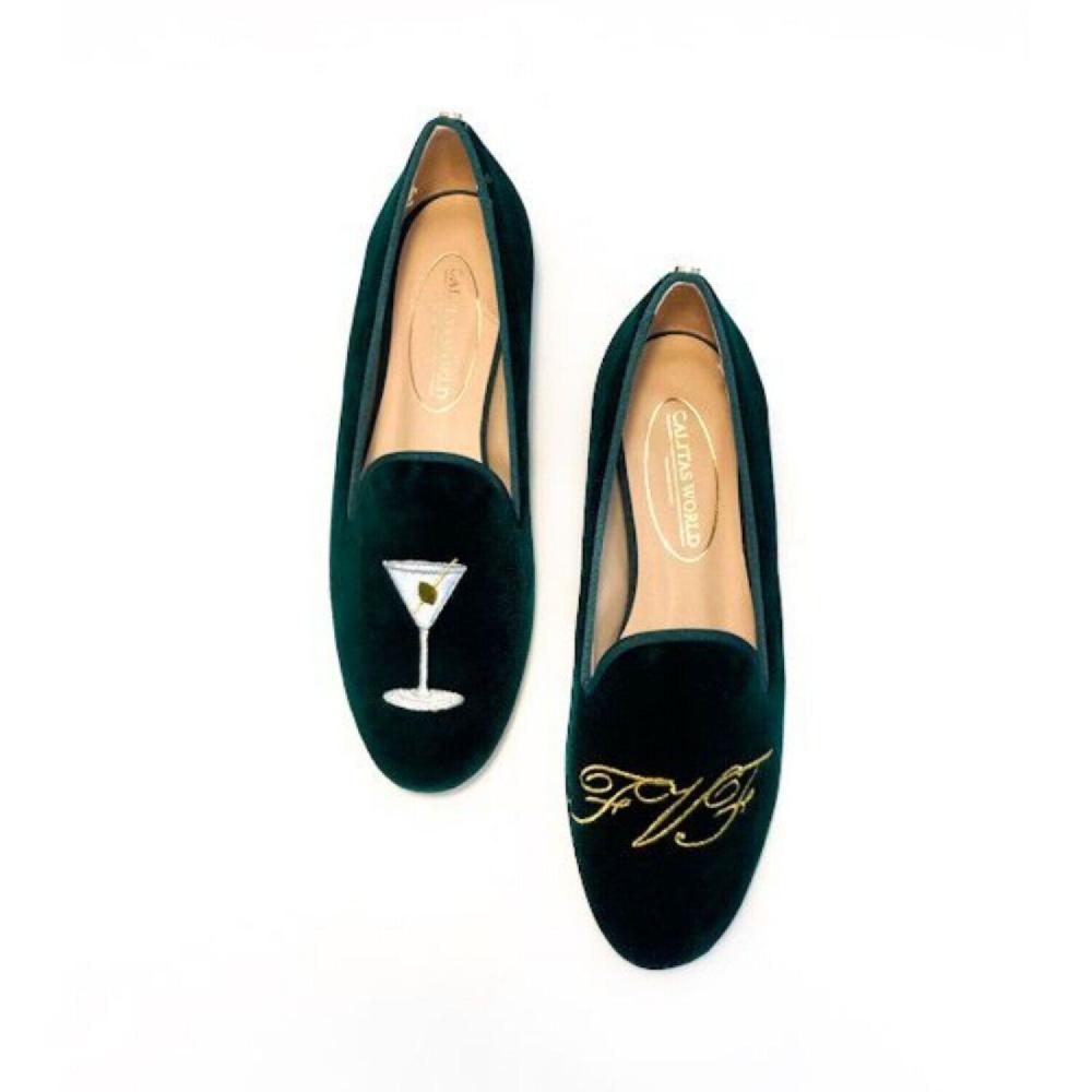 Calita Shoes ​LOAFERS GREEN 12TX VELVET MARTINI AND GOLDEN INITIALS