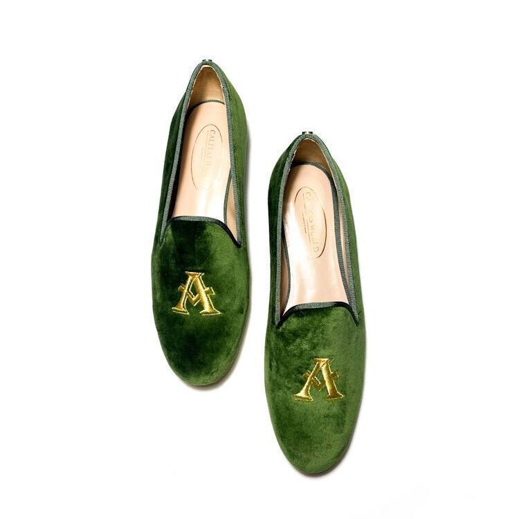 Calita Shoes LOAFERS GREEN 7ACO VELVET ALICE GOLD INITIALS