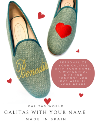 Calita Shoes ​LOAFERS GREEN LINEN 603TX NAME OR INITIALS IN GOLD AND RED HEART