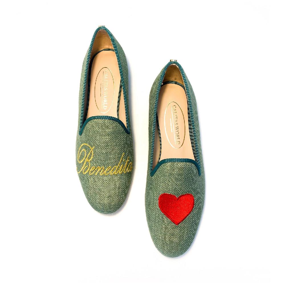 Calita Shoes ​LOAFERS GREEN LINEN 603TX NAME OR INITIALS IN GOLD AND RED HEART