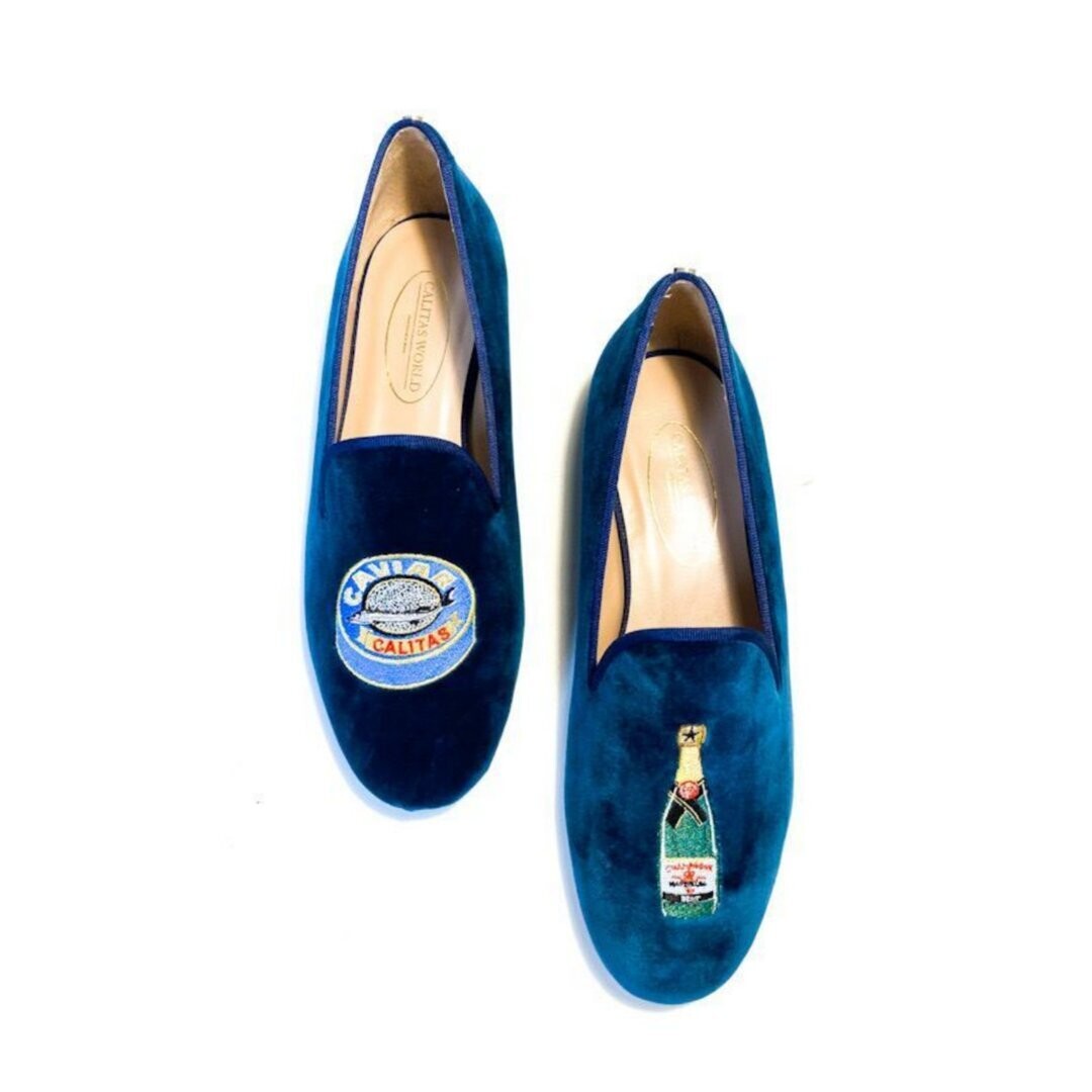 Calita Shoes ​LOAFERS HOMBRE TERCIOPELO AZUL PETROLEO TX CAVIAR AND CHAMPAGNE