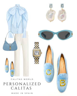 Calita Shoes ​LOAFERS LIGHT BLUE 07TX VELVET WITH GOLD OR SILVER INITIALS (BOLD)