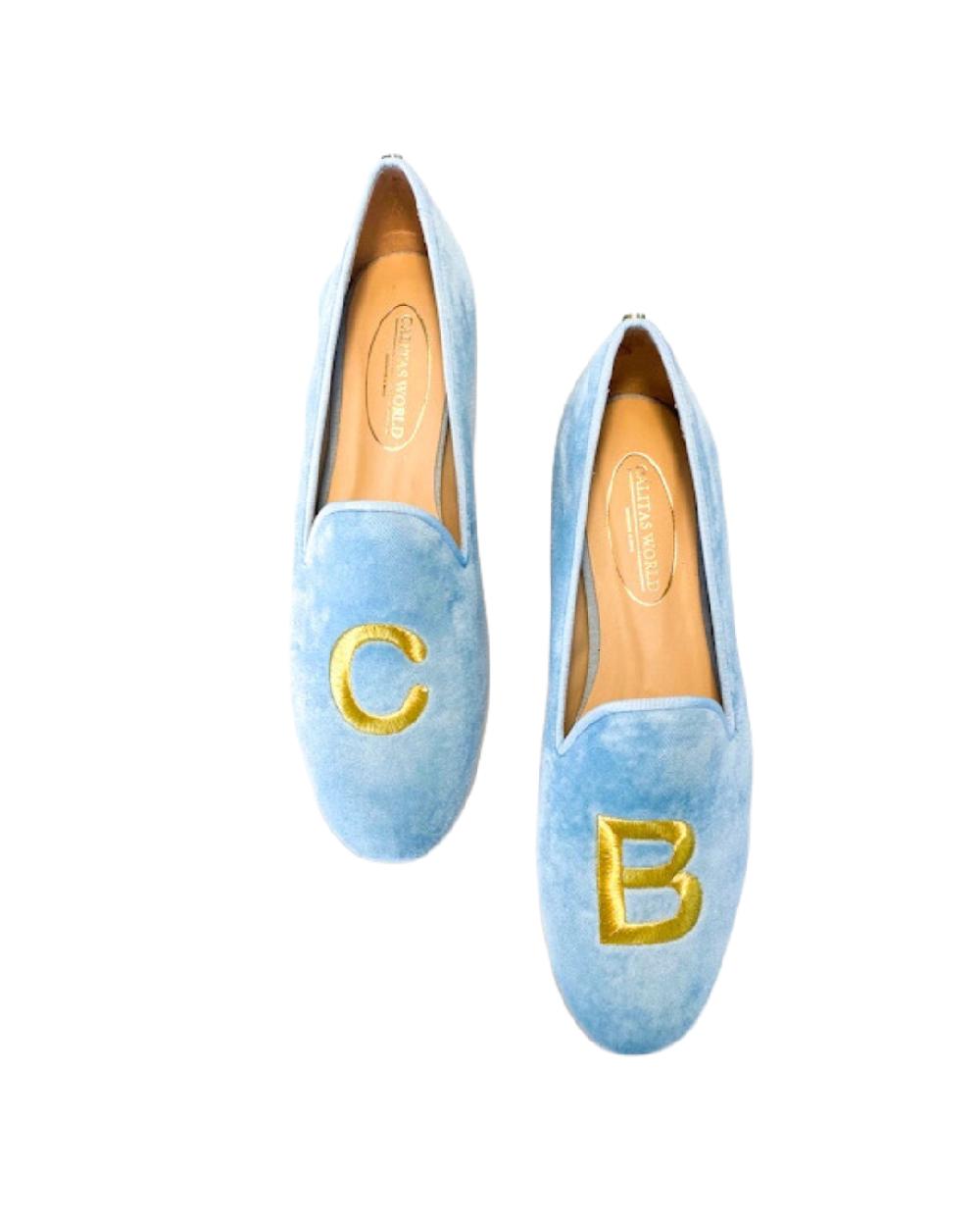 Calita Shoes ​LOAFERS LIGHT BLUE 07TX VELVET WITH GOLD OR SILVER INITIALS (BOLD)