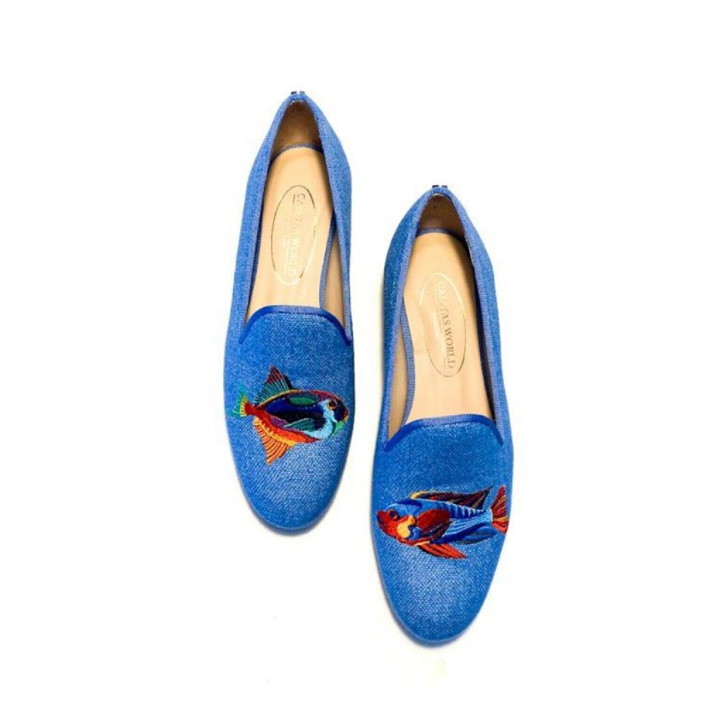 Calita Shoes ​LOAFERS LIGHT BLUE 22CO LINEN COLORFUL FISH