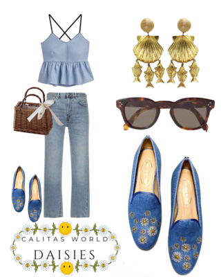 Calita Shoes ​LOAFERS LIGHT BLUE 22CO LINEN DAISIES. (MINI DAISY LEFT HEEL)