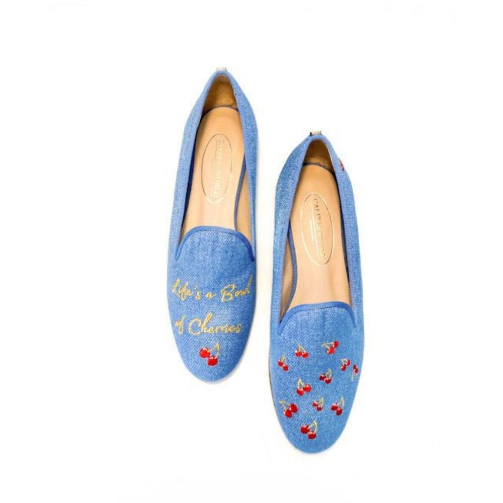 Calita Shoes ​LOAFERS LIGHT BLUE 22CO LINEN LIFE'S A BOWL OF CHERRIES (IN GREEN) AND CHERRIES. (MINI CHERRY LEFT HEEL)