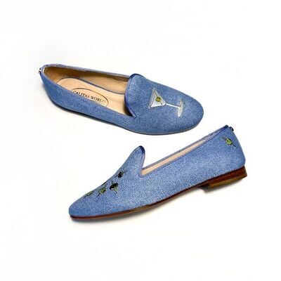 Calita Shoes ​LOAFERS LIGHT BLUE 22CO LINEN MARTINI AND OLIVES. (MINI OLIVE LEFT HEEL)