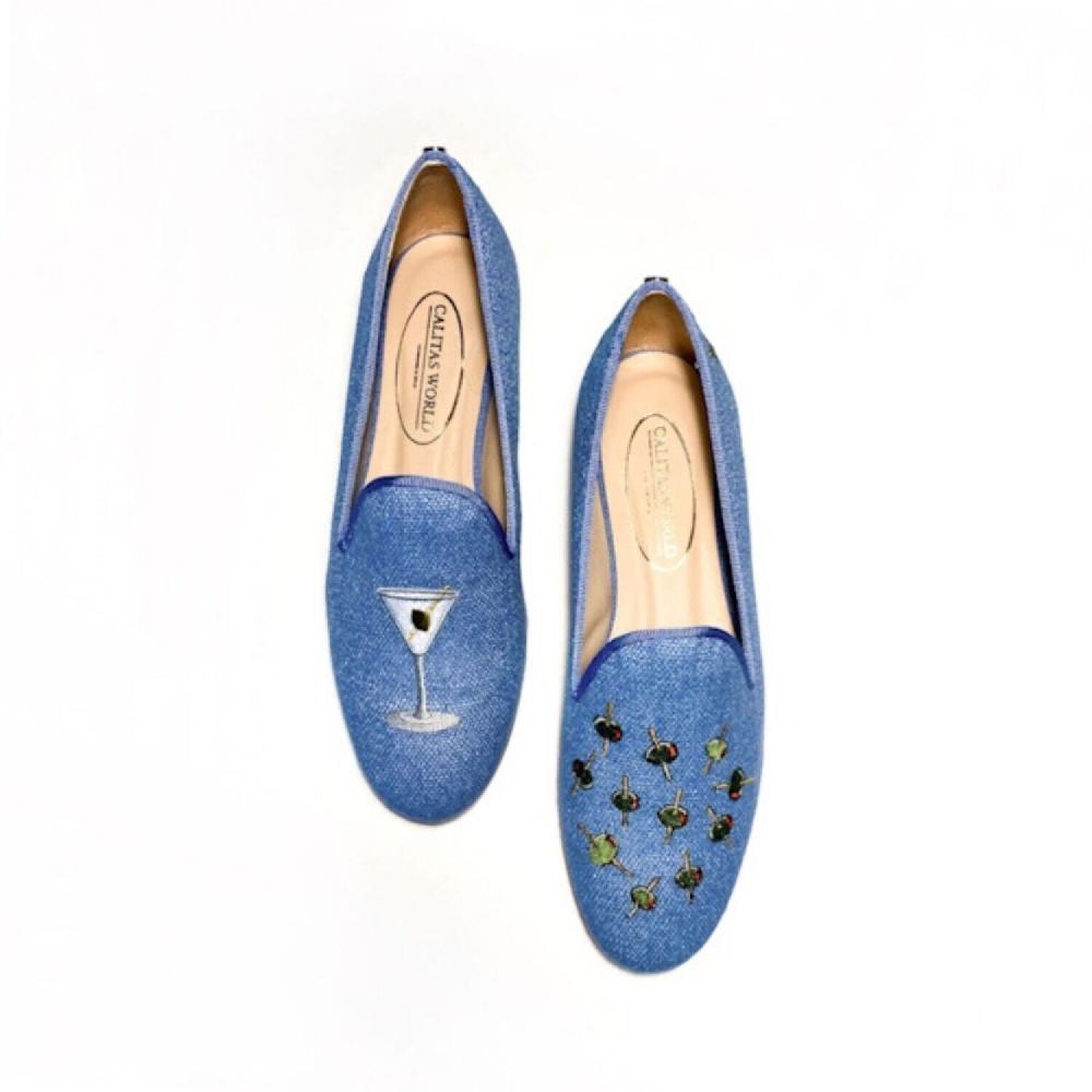 Calita Shoes ​LOAFERS LIGHT BLUE 22CO LINEN MARTINI AND OLIVES. (MINI OLIVE LEFT HEEL)