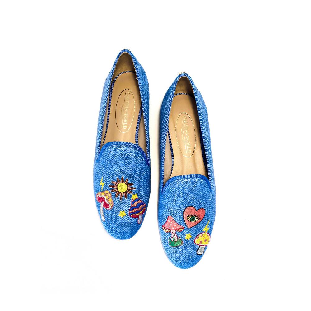 Calita Shoes ​LOAFERS LIGHT BLUE 22CO LINEN MUSHROOMS AND FRIENDS